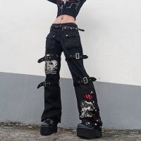 【YD】 Goth Punk Waist Jeans Metal Buckle Hip Hop Print Pants Wide Leg Baggy Loose Denim Trousers