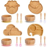 4pcs Childrens Tableware Suction Plate Bowl Baby Dishes Baby Feeding Dishes Spoon Fork Sets Bamboo Plate for Kids Tableware