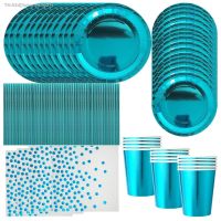 ♘ Blue Gold Stamping Decoration Wedding Party Decoration Disposable Tableware Set Cup Plate Napkin Childrens Birthday Party Suppl