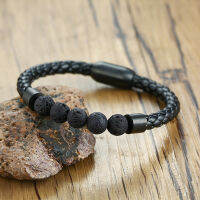 Titanium Steel Man Chakra เครื่องประดับขายส่งสแตนเลสผู้ชายหนังสีดำ Volcanic Beaded clets หินสร้อยข้อมือหนัง