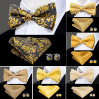 LH-738 Hi-Tie หรูหราทองผ้าไหมโบว์ผูกสำหรับผู้ชายแฟชั่นงานแต่งงานทอง Bowtie ผ้าเช็ดหน้ากระดุมข้อมือชุดบุรุษผูก