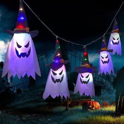 Halloween Party Dress Up Glowing Wizard Hat Lamp Horror Props Home Bar Decoration Halloween Hanging Ghost LED Flashing Light