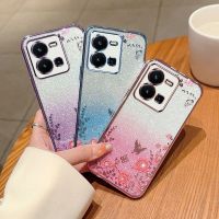 เคสโทรศัพท์มีกากเพชรสำหรับ Vivo Y35 Y22 Y22s Y02s Y16 4G 2022ฝาหลังอ่อนนุ่มซิลิโคน TPU ยืดหยุ่นเคสกันกระแทกมือถือแวววาวปกป้องดอกไม้ชุบไล่ระดับสี