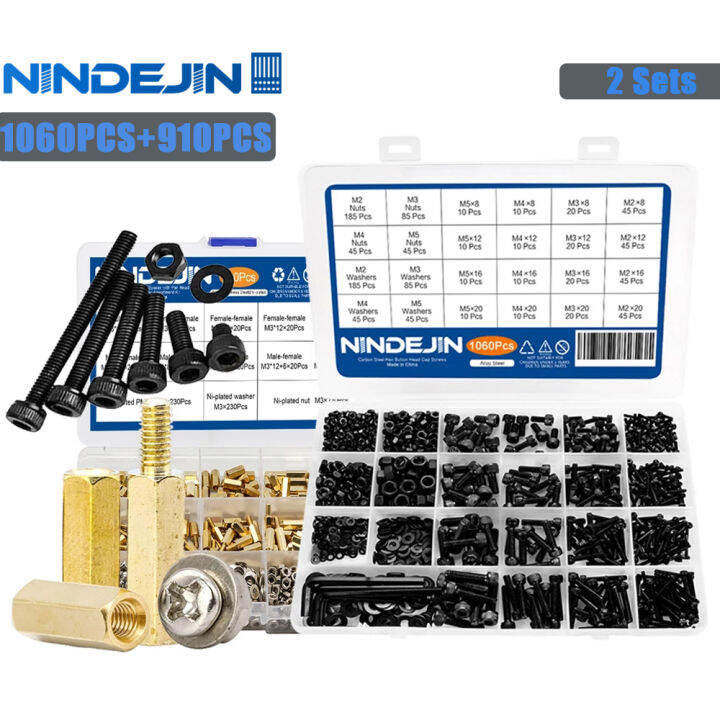 nindejin-ชุดสกรูหัวจมซ็อกเก็ตหกเหลี่ยมจำนวน1060ชิ้น-m2-m5เหล็กคาร์บอนจำนวน910ชิ้นชุดตะแกรงชิ้นส่วนทองเหลืองหกเหลี่ยม-m3ผู้ชายผู้หญิง