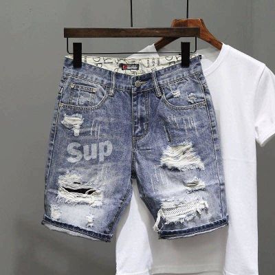 CODff51906at 2021 Summer Ripped Denim Shorts Mens Korean-Style Slim Fit Straight Short Pants Trendy Brand Shorts Internet Celebrity Trendy Pants Mens summer short jeans