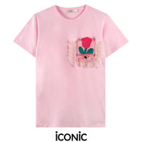 iCONiC PINK TULIP CROCHET T-SHIRT #7082 เสื้อยืด สีชมพู ปักลาย กระเป๋าอก แต่งระบาย เสื้อยืด เสื้อแฟชั่น เสื้อแฟชั่นผญ เสื้อออกงาน เสื้อทำงาน