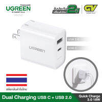 UGREEN Dual Charging Port USB C + USB ปลั๊กชาร์จเร็ว Quick Charge 3.0 Wall Charger 18W USB Power Adapter รุ่น 70152 for Samsung S10 S9 S8 Plus S7 S6 Edge Note 1, iPhone 11 11 Pro MAX XS XR, iPad, Huawei, Xiaomi, LG, Moto, Sony, HTC