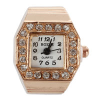 Square Dial Glitter Crystal Decor Elastic Band Finger Ring Watch Copper Tone for Lady