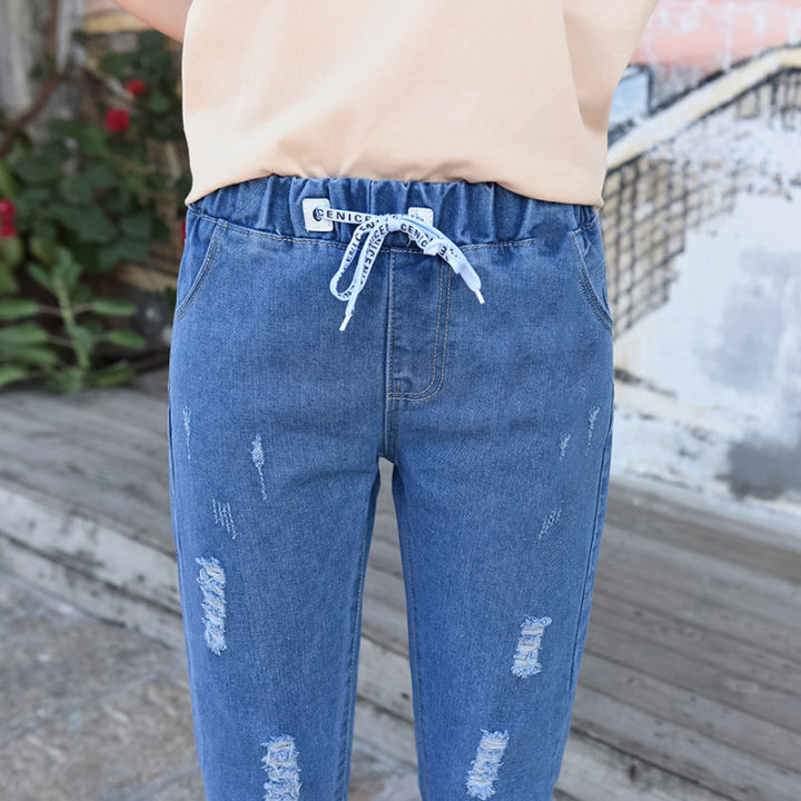 ลดพิเศษ-mingdeng-jeans-k9n10-กางเกงยีนส์ขายาวทรงหลวมของผู้หญิงฤดูใบไม้ร่วงเอวสูงกางเกงขายาวกางเกงขายาวสีน้ำเงินมีเก็บปลายทาง-cod
