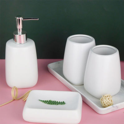 Nordic Bathroom Accessories Set Ceramic Liquid Soap Dispenser Pump Bottle Toothpaste Holder Cups Marble Tray Washroom Clean Tool