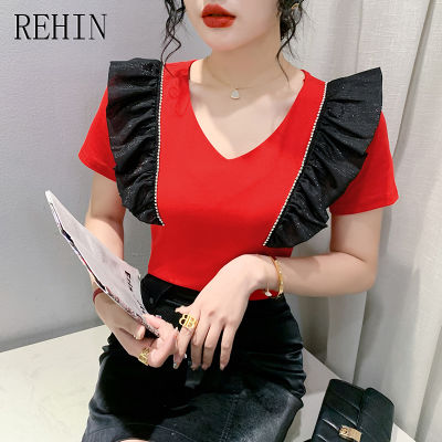 REHIN ชุดอุตสาหกรรมหนักโซ่คอวีสำหรับผู้หญิง,เสื้อยืดแขนสั้นมีระบายประดับเพชรชุดใหม่แฟชั่นสไตล์เกาหลีฤดูร้อน
