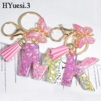 Bling Gradient Sequin Filled Letters Keychain Cute Pink Butterfly Tassel A-Z 26 Initials Keyring For Car Keys Purse Decoration