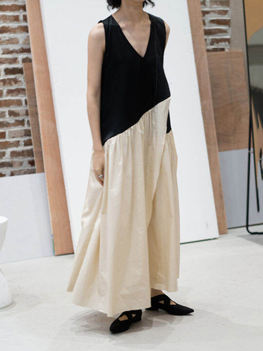 xitao-dress-contrast-color-irregular-patchwork-sleeveless-women-dress