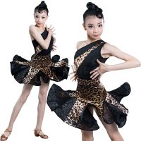 ✇▧ sexy Latin Dance Costume For Girls Ballroom Salsa Tango top Skirts Kids Child lace Leopard Latin Dance Split Dress Leotard Skirt