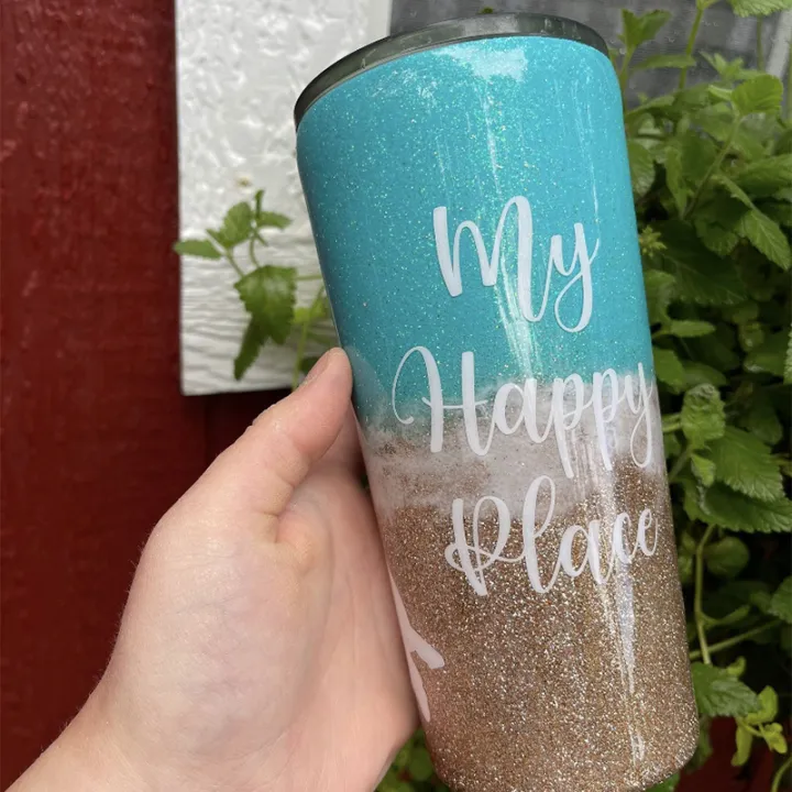 Personalized aqua and gold beach themed epoxy tumbler with full ...