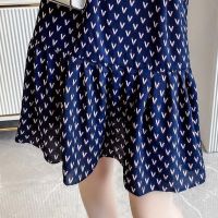 New Fashion O-neck Dress Women Elegant Sweet Letter V Print Dresses Female Korean All-match Short Sleeve Blue Dress