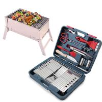 19 Pieces Upgrade Folding Barbeque Grill Kits Portable Folding Barbeque Sets Premium Stainless Steel Grill with Carrying Case