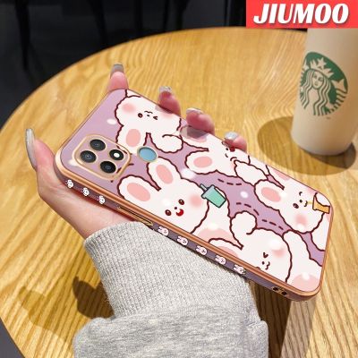 JIUMOO เคสสำหรับ OPPO A15 A35 A15s 4G เคสลายการ์ตูนน่ารักลายกระต่ายดีไซน์ใหม่ชุบหรูหราเคสโทรศัพท์เคสกันกระแทกปกป้องคลุมทั้งหมดเลนส์กล้องถ่ายรูปเคสซิลิโคนแบบนิ่ม