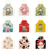 Parent-child Kitchen Apron Japanese style Lucky Cat Printed Sleeveless Cotton Linen Aprons for Men Women Home Cleaning T