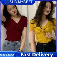 SUNNYBEST เสื้อถักคอวีสำหรับผู้หญิง,เสื้อคอวีแขนสั้นธรรมดาเสื้อยืดท็อปแบบตัวสั้นเพรียวบางเซ็กซี่