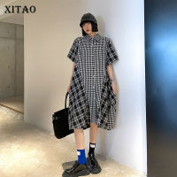 XITAO Dress Fashion Goddess Fan Casual Loose Women Irregualr Plaid Shirt Dress