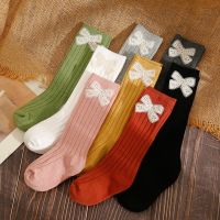 3pairs/lot Spain Spring and Autumn Plain Color Boys Girls Long Tube Socks Baby Cotton Bow Tie Schild Ocking