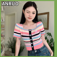 ANRUO เสื้อถักแขนสั้นผู้หญิง,เสื้อถักแขนสั้นเปิดสะดือหลากสีเข้ารูปพอดีฤดูร้อน