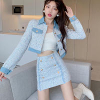 Small Fragrance Tweed 2 Piece Set Women Crop Top Short Jacket Coat + Skirt Suits High Quality Korean Fashion Sweet Two Piece Set