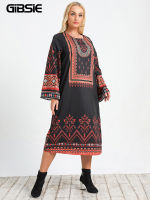 GIBSIE Plus Size Ethnic Print Vintage Bohemian Dress Women Spring Fall O-Neck Full Sleeve Female Loose Casual Long Dress 3XL 4XL