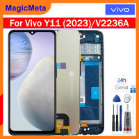 MagicMeta ของแท้สำหรับ Vivo Y11 (2023)/ชิ้นส่วนจอสัมผัสแอลซีดีของเครื่องแปลงดิจิทัล V2236A พร้อมกรอบกลางสำหรับอะไหล่ Vivo Y11 2023 V2236A LCD