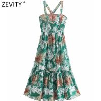 Zevity Women Fashion Tropical Leaves Print Pleat Ruffles Cross Strap Midi Dress Female Back Zipper Casual Boho Vestido DS8249