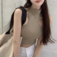 AA18-Summer White Women Fashion Crop Top High Neck Sleeveless Tank Tops