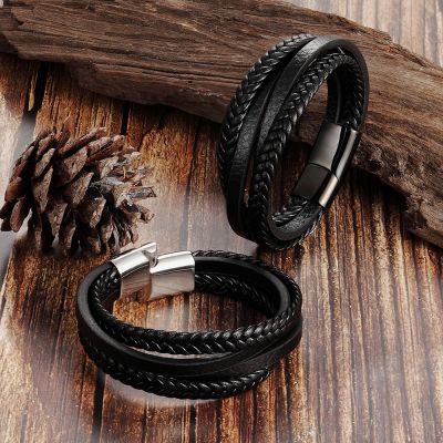 Fashion Simple Design Multilayer Leather Rope Hand Woven 316L Stainless Steel Magnet Bracelet Mens Jewelry