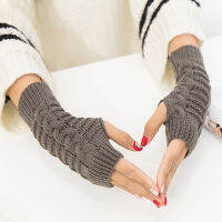 Women Short Stretch Wool Knit Half Finger Touch Screen Mittens Female Winter Warm Arm Crochet Snowflake Fingerless Gloves B77