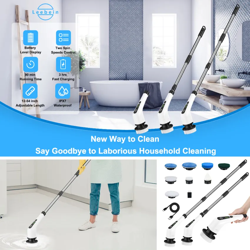 Electric Spin Scrubber, Leebein 2022 New Cordless Cleaning Brush with 8 Replaceable Drill Brush Heads, Tub and Floor Tile 360 Power Scrubber Mop with