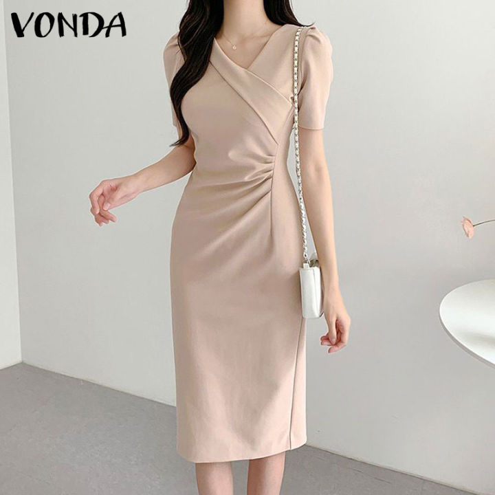 จัดส่งฟรี-fancystyle-vonda-ผู้หญิงธุรกิจชุดเดรสคอวีสง่างามแบบลำลองแขนสั้นจีบรอบชุดเดรสมิดี