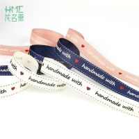 3/5 Yards Ribbon White/Pink/Navy "Hand made" Letter Printed Grosgrain Satin Ribbon for DIY Crafts Handmade Belt Gift Packaging Gift Wrapping  Bags