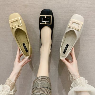 ▧ 2023 spring single shoes for women small fragrant style shallow mouth square toe pea shoes black flat bottom versatile new style womens mothers shoes