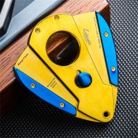 ☄﹉ LUBINSKI Gold Blue Cigar Cutter High-end Zinc Alloy Stainless Steel Carving Double Blades With Gift Box For Cigar CT-003