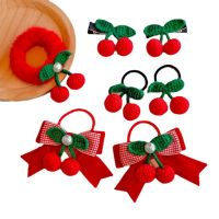 ❆ Sweet Cherry Bowknot Hairpins Rubber Band Knitting Leaf Hair Clip Kids Red Ball Barrettes Hair Accessories for Girl Headwear