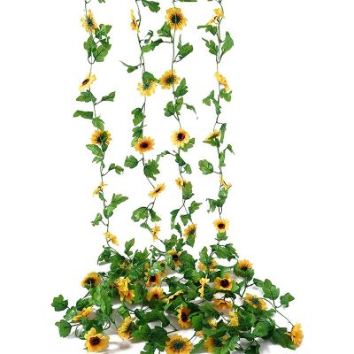 4 Pcs Artificial Sunflower Garland,Silk Sunflower Vine with Leaves,Faux Flowers Fake Wall Hanging for DIY Wreath Decor