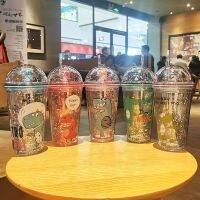 【High-end cups】ขวดน้ำไดโนเสาร์น่ารักถ้วยดื่มพลาสติกพร้อมฟางการ์ตูนเด็กของขวัญชาฟองแก้วน้ำสำหรับดื่มน้ำผลไม้แก้วกาแฟ