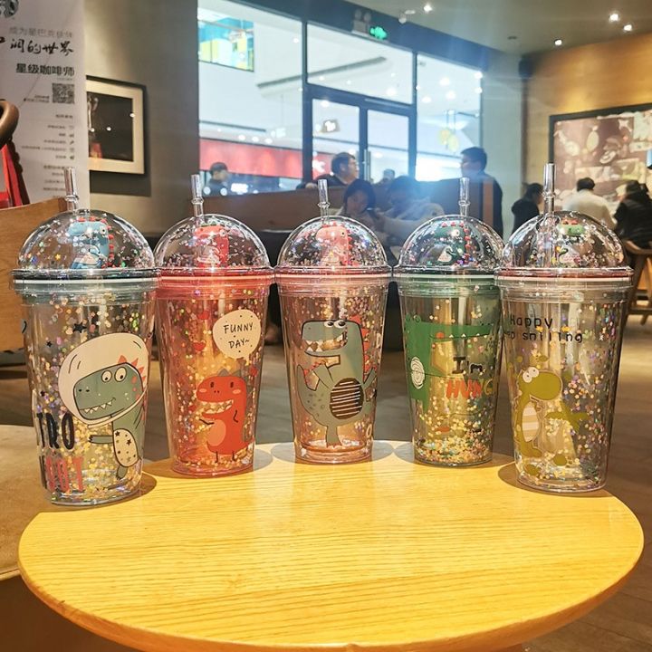 high-end-cups-ขวดน้ำไดโนเสาร์น่ารักถ้วยดื่มพลาสติกพร้อมฟางการ์ตูนเด็กของขวัญชาฟองแก้วน้ำสำหรับดื่มน้ำผลไม้แก้วกาแฟ