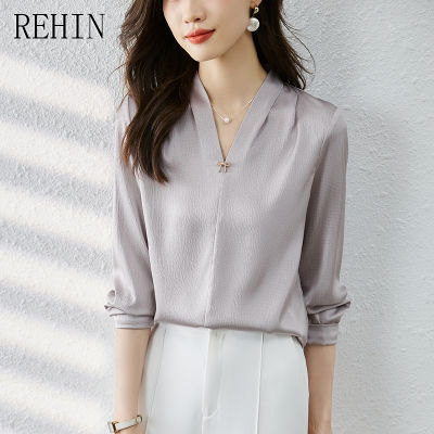 REHIN เสื้อเชิ๊ตผู้หญิงคอวี,เวอร์ชั่นเกาหลีใหม่ฤดูใบไม้ร่วง2023สีทึบใส่ได้ทุกโอกาสลำลองแฟชั่นแขนยาว