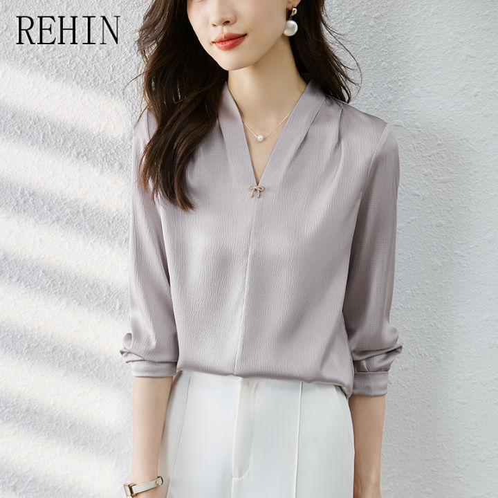 rehin-เสื้อเชิ๊ตผู้หญิงคอวี-เวอร์ชั่นเกาหลีใหม่ฤดูใบไม้ร่วง2023สีทึบใส่ได้ทุกโอกาสลำลองแฟชั่นแขนยาว