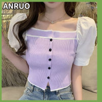 Anruo เสื้อถักสไตล์ฝรั่งเศสสำหรับผู้หญิง,เสื้อแขนสั้นเปิดไหล่ขนาดเล็กเสื้อแขนสั้น