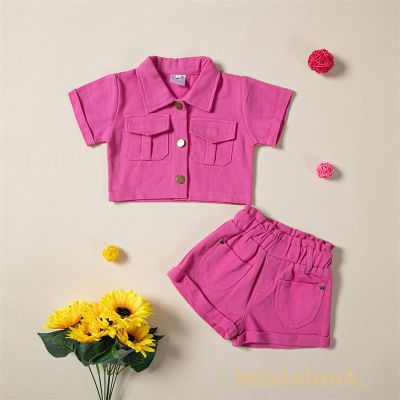 LAA6-Girl Solid Color Outfits, Short Sleeve Lapel Neck Button Down Crop Tops+Matching Elastic Waist Shorts