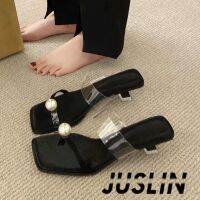 JUSLIN รองเท้าส้นสูง หัวแหลม ประดับไข่มุก แฟชั่นสําหรับสตรี รองเท้าแฟชั่น สไตล์เกาหลี 2023ใหม่ พลาสติกใสคาดหน้า 062807 V722