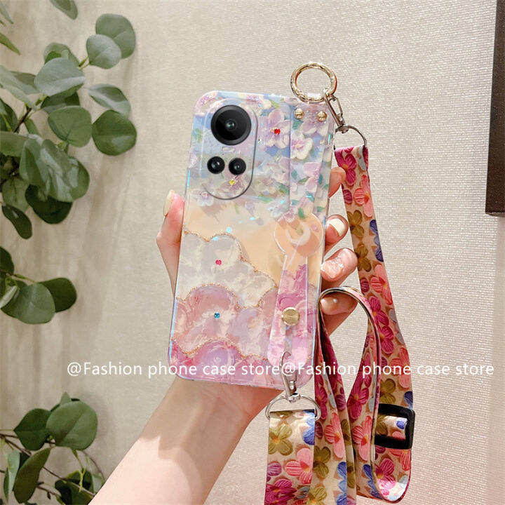 phone-case-เคส-oppo-reno10-reno10pro-reno10pro-plus-5g-เคสโทรศัพท์ภาพดอกไม้ลายน้ำมัน-rhinestone-บลูเรย์วินเทจพร้อมสายคล้องข้อมือ2023