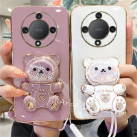 Phone Case เคส Honor X9b 5G สีลูกกวาดน่ารักรุ้งลูกปัดที่ตั้งรูปหมีเคสโทรศัพท์ปกป้องเลนส์2023สายคล้องสั้น